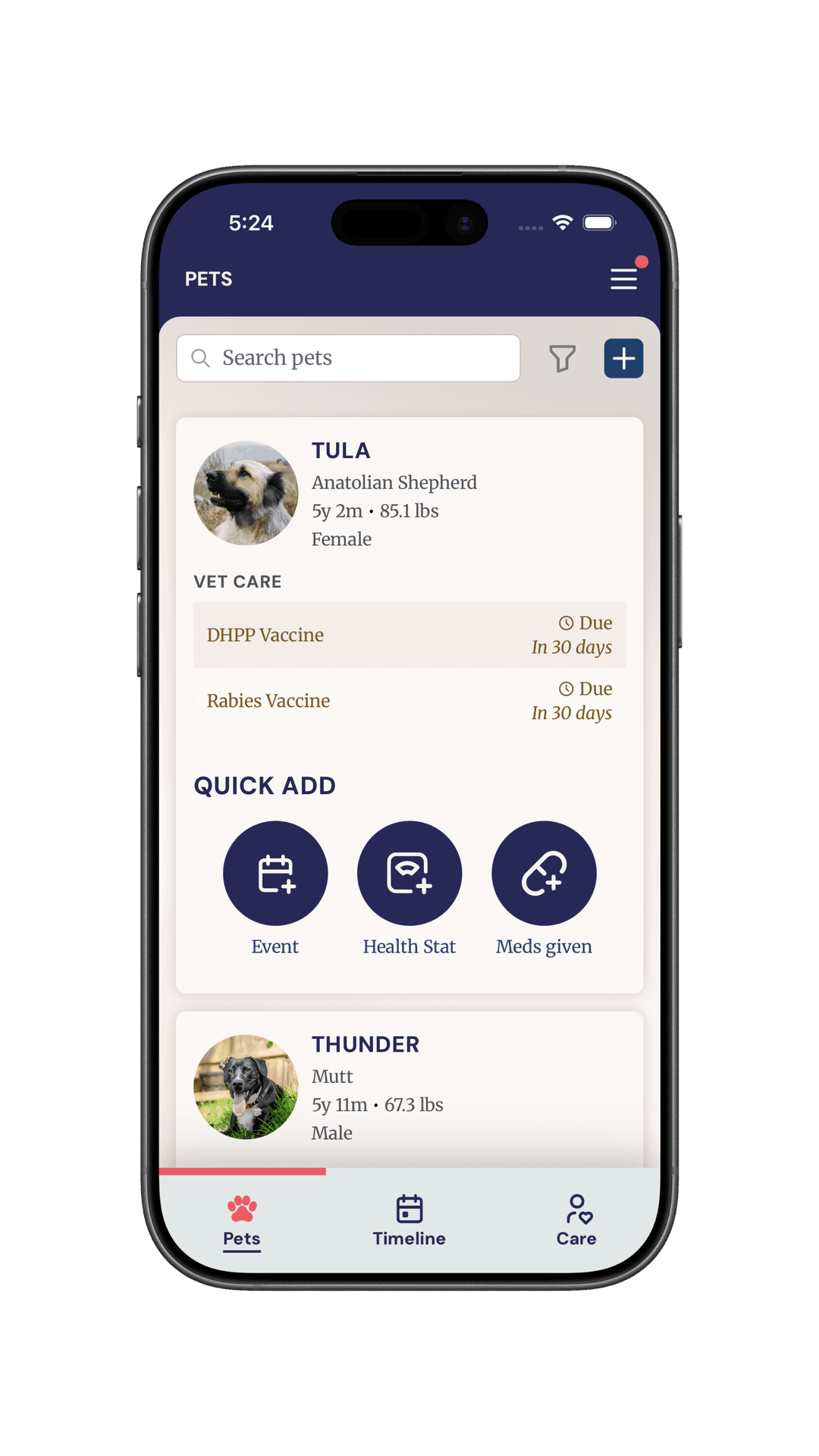 Klemmie app showing a pet profile and care details.